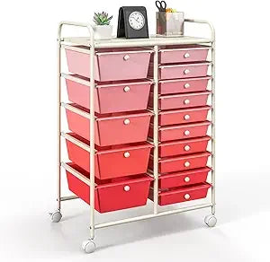 15-Drawer Rolling Storage Cart, Multipurpose Movable Organizer, Utility Cart for Home, Office, School, Macaron Color