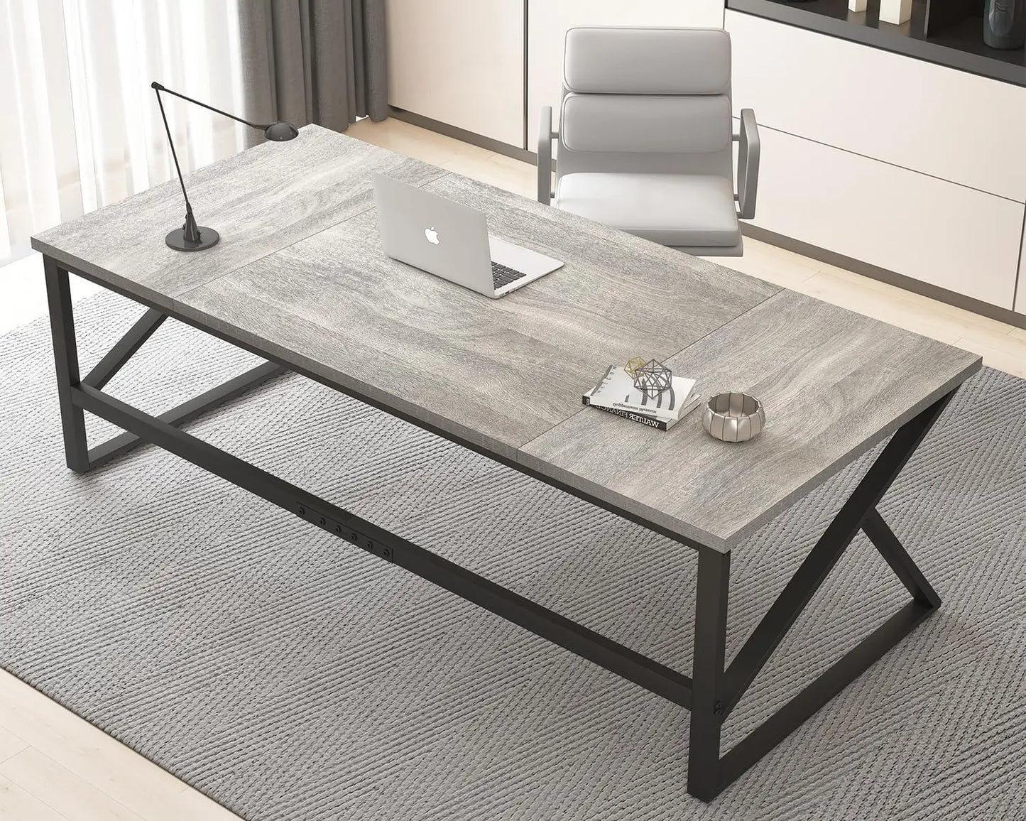 70 Inch Long Grey Desk, Large Home Office Computer Desk for 2 People, Industrial Wood and Metal Executive Work Writing Study