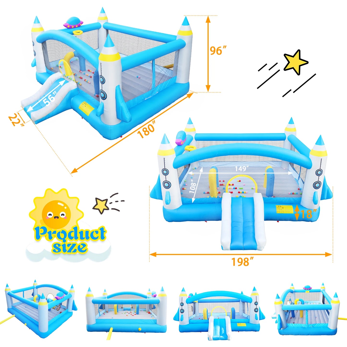 Kids Inflatable Bounce House With Long Slide Bouncing Area Basketball Hoop Heavy Duty Oxford Fabric Family Backyard Bouncy Castl