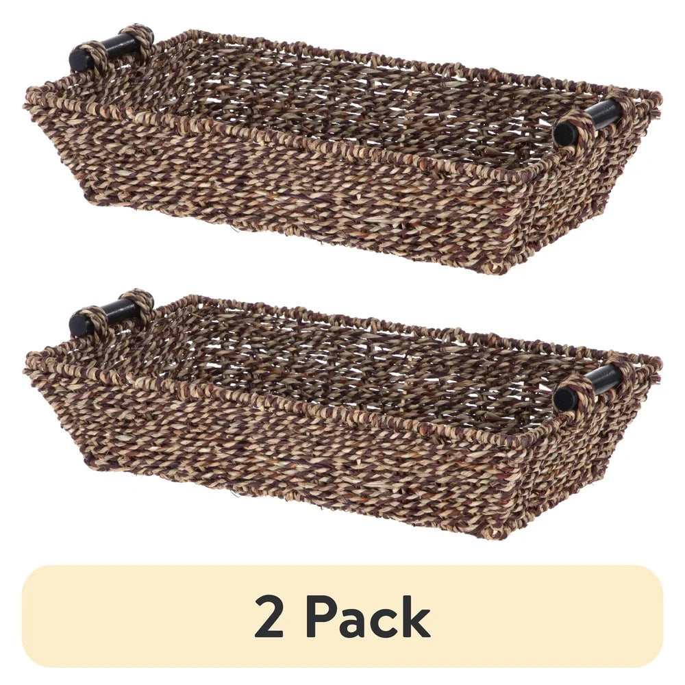 2 Pack Rectangular Woven Seagrass Storage Basket with Wooden Handles Organizing Home Décor Bathroom Supplies Craft Items