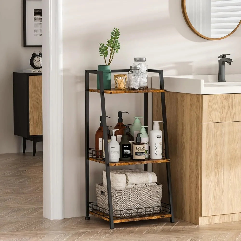3-Tier Bathroom Shelf with Fence, Retro Bathroom Organizers and Storage Stand, Wood Shelving Unit with Metal Frames, Classic Ope