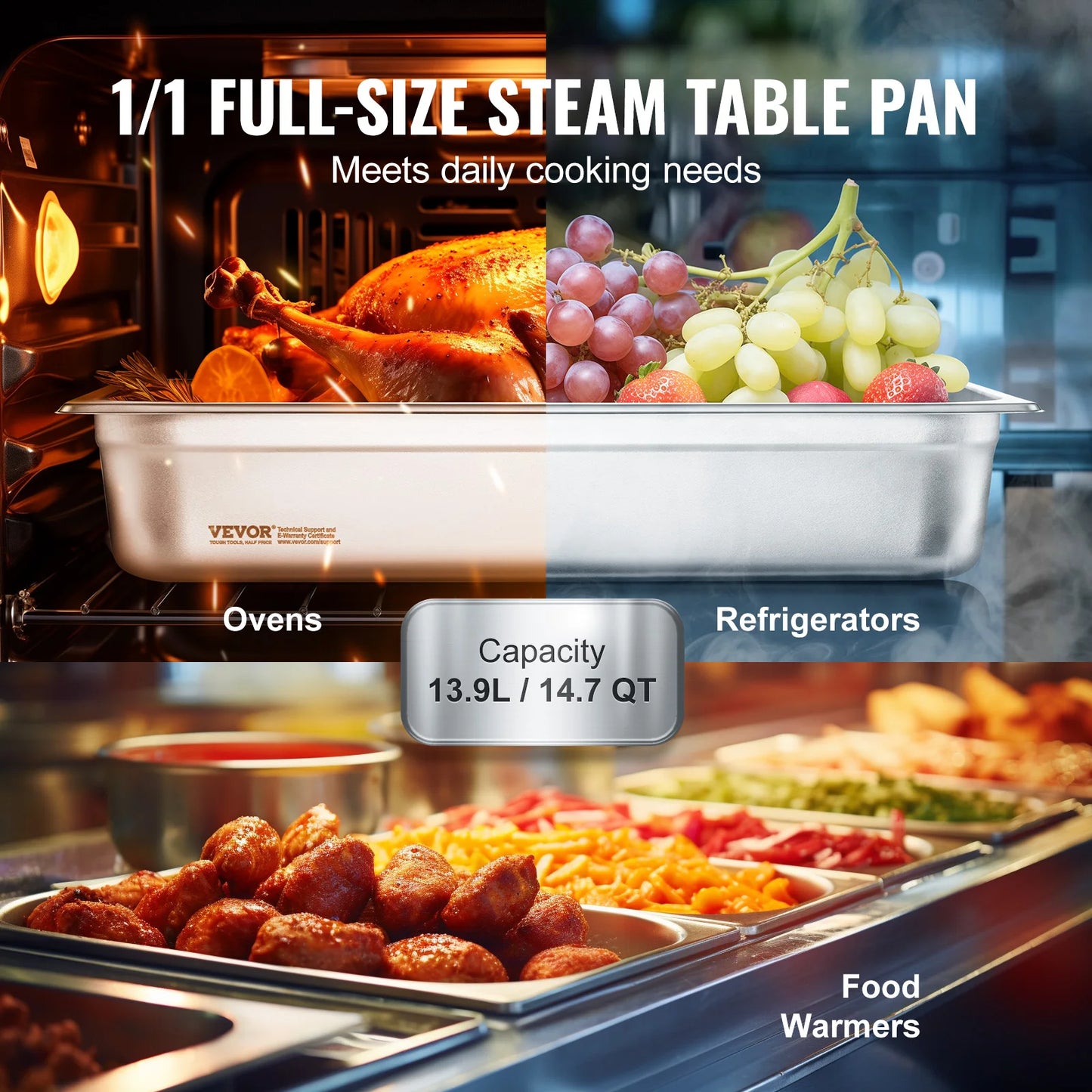 VEVOR 4 Pack Hotel Pans Full Size Anti-Jam Steam Pan with Lid Stainless Steel Steam Table Pan 4-Inch Deep Commercial Table Pan