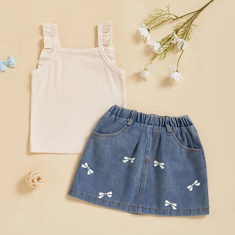 Adorable Toddler Girl Summer Outfit Ribbed Tank Top with Fly Sleeves and Bow Denim Skirt Set - Cute 2 Piece Clothes