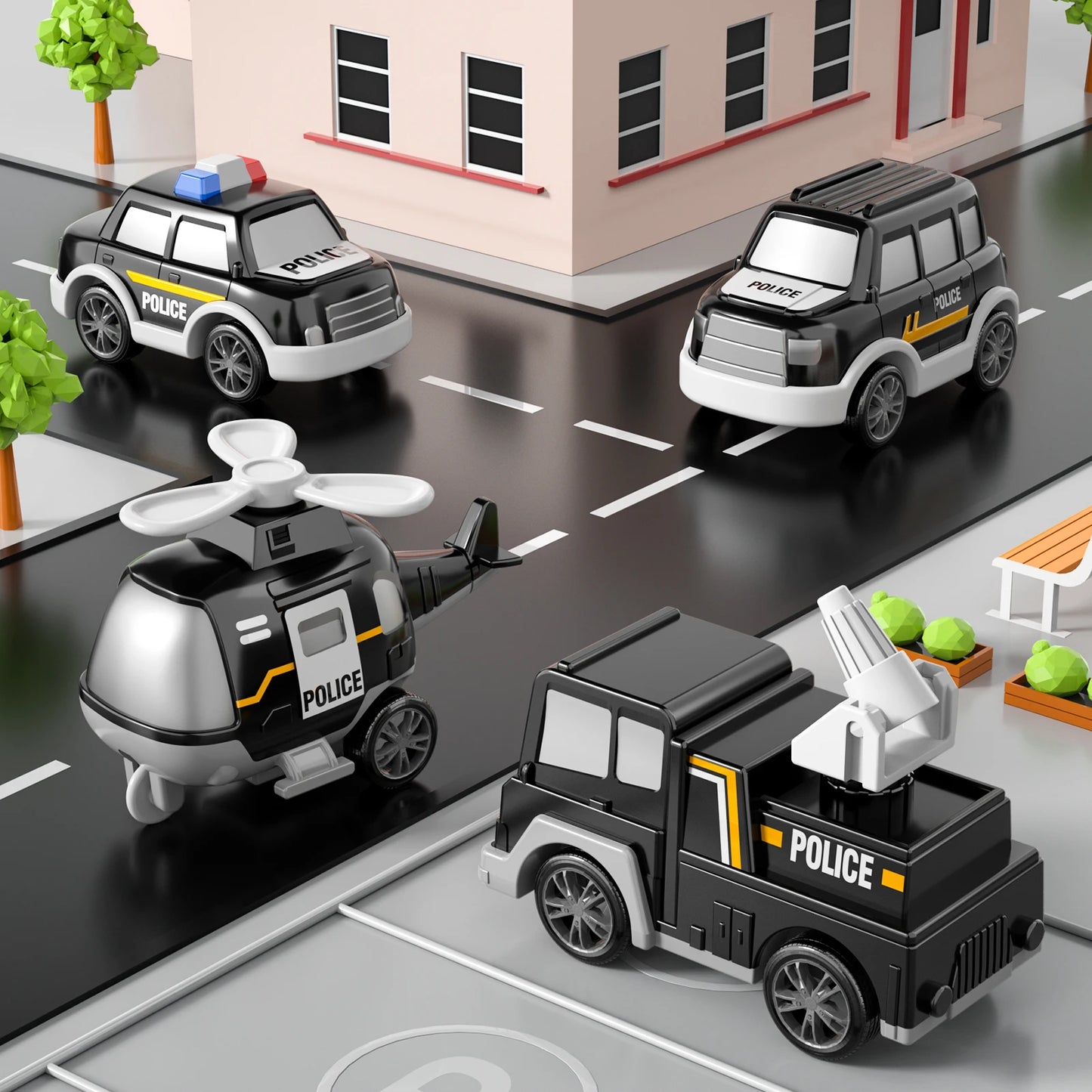 5 In 1 Police Truck Sets Kids Toys Cars Toddler Carrier Truck Pull Back Cars Transport Vehicles Toys Birthday Gifts Boys Girls