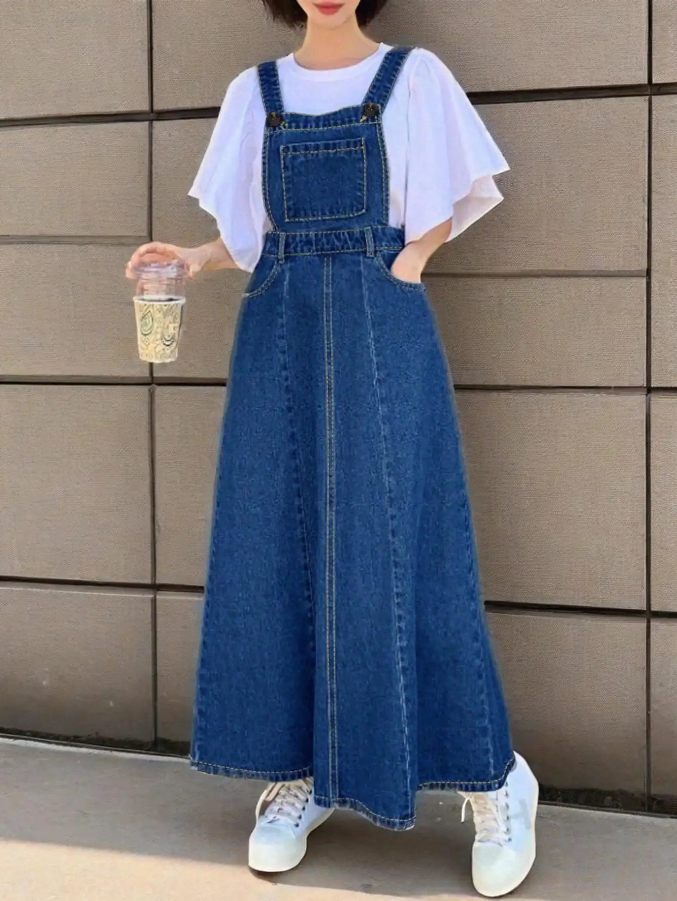 2025 New Arrival Women's Denim Overall Dress blue Casual Summer Style Loose Fit denim skirt High Waisted Long Skirt