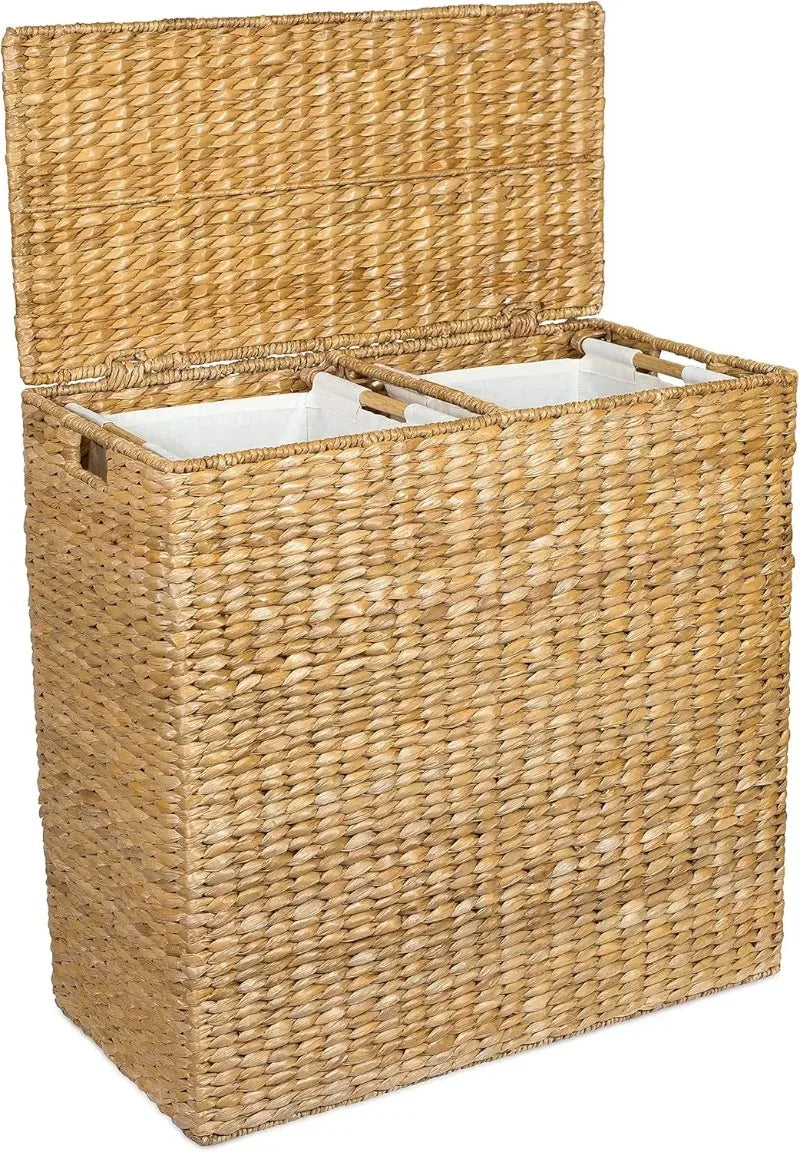 NEW Oversized Dual Hampers with Lid - Handwoven Natural Seagrass Fiber Compartment Laundry Hamper Split/Two Side Basket