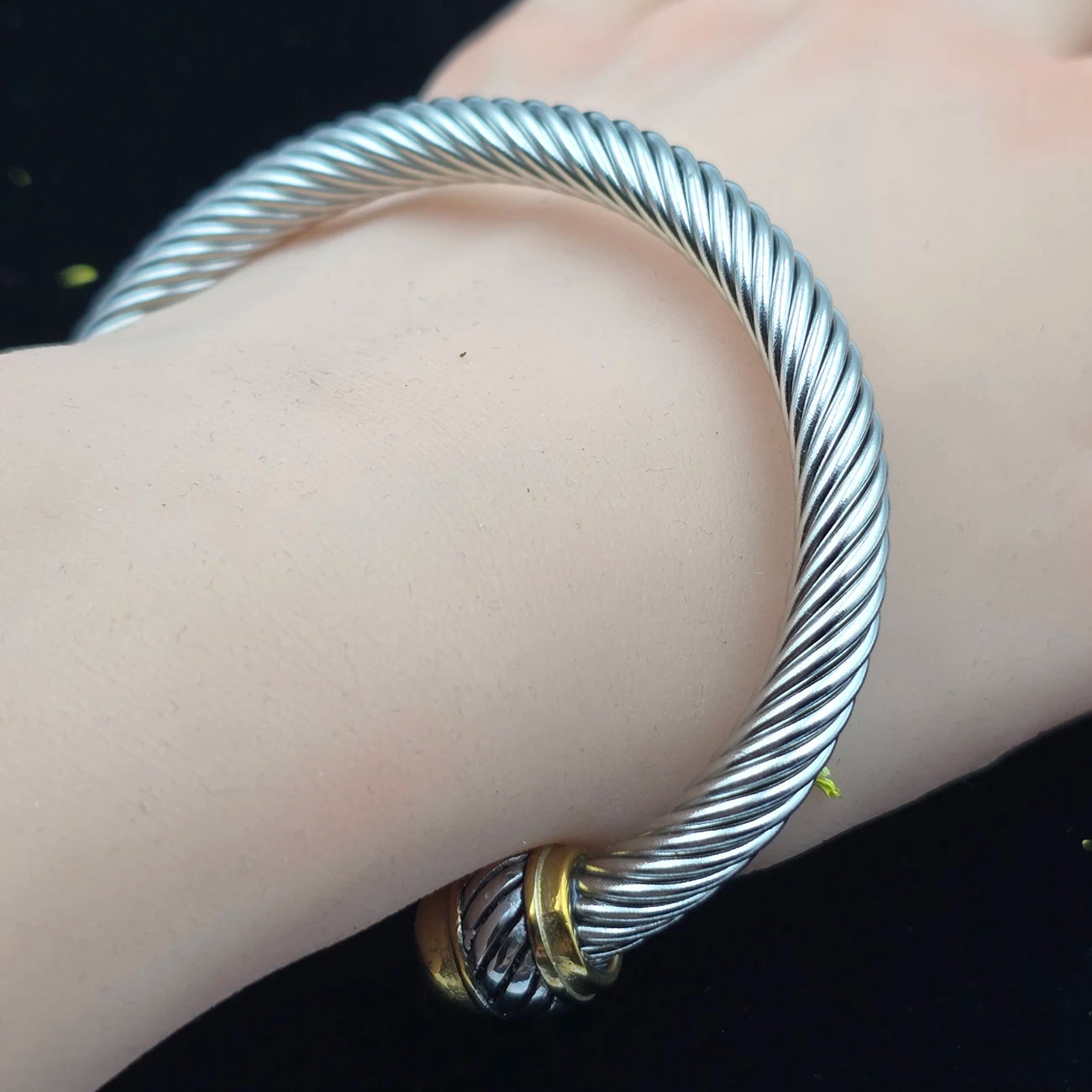 7mm Stainless Steel Cable Bracelet Designed for Women Two-Tone Open Twisted Rope Bracelet with Jewelry Pouch Gift for Women
