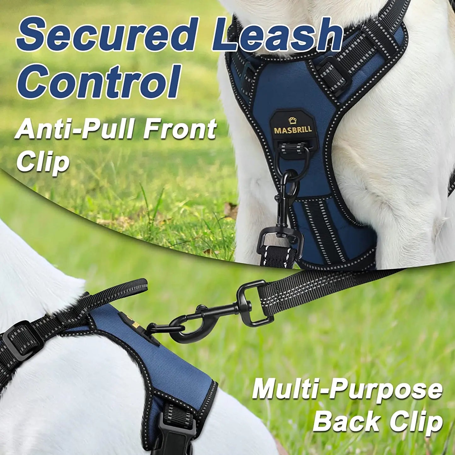 MASBRILL Dog Harness No Pull Nylon Adjustable Reflective Dog Vest Harness 2 Metal Leash Hooks Easy Control Handle Walking