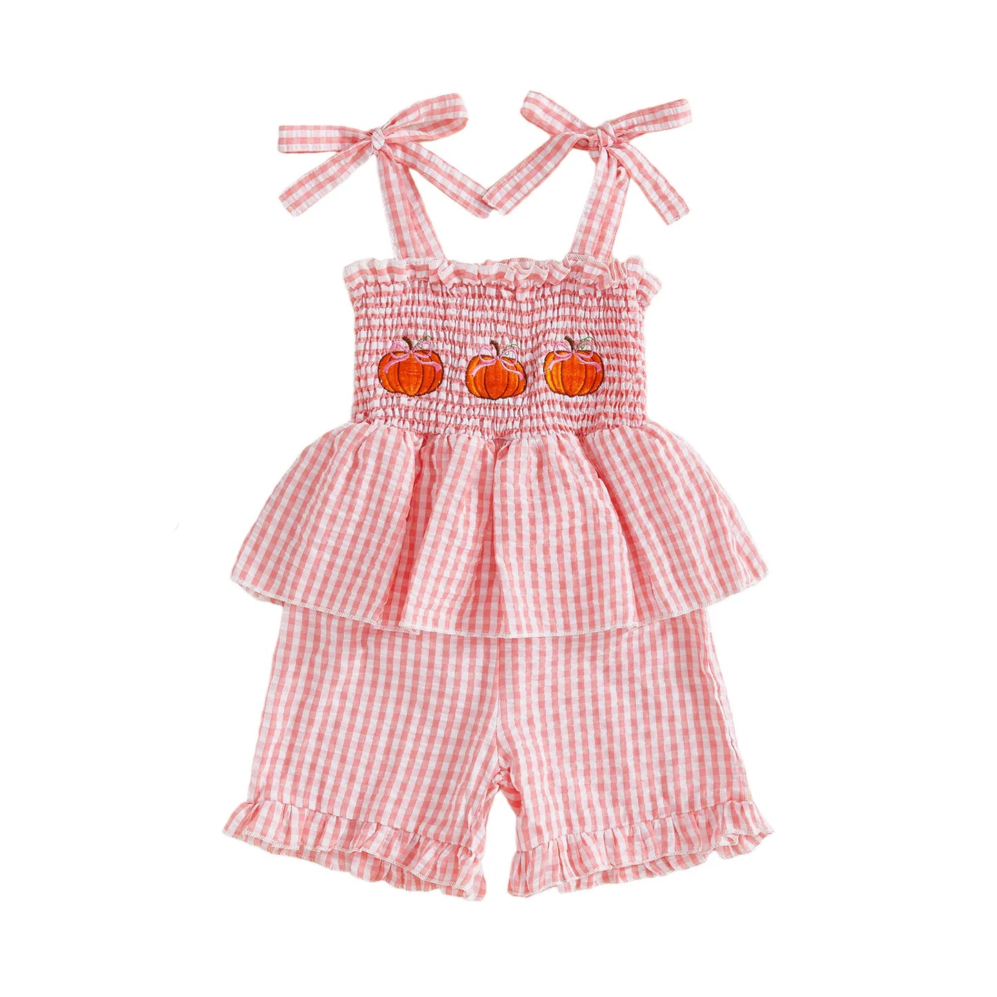 Summer Halloween Kids Girls Clothes Embroidery Pumpkin Camisole Plaid Shorts Romper Outfit