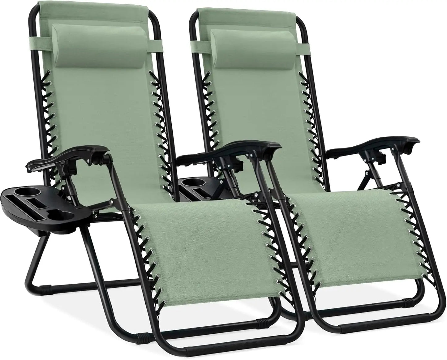 Set of 2 Adjustable Steel Mesh Zero Gravity Lounge Chair Recliners w/Pillows and Cup Holder Trays - Tan Striped