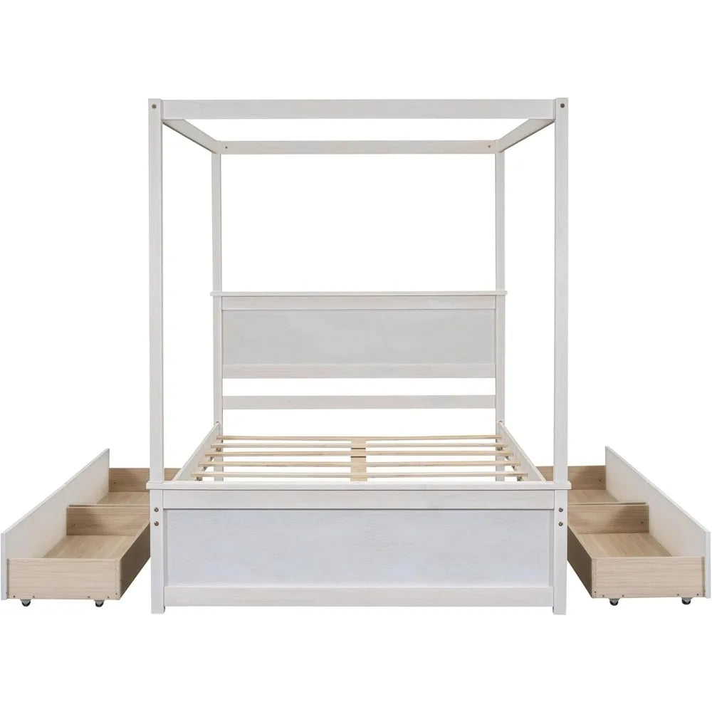 Full Canopy Bed with 4 Drawers, Four-Poster Platform Bed with Headboard and Wood Support Slats, Full Bed Frame Wood Poster Panel