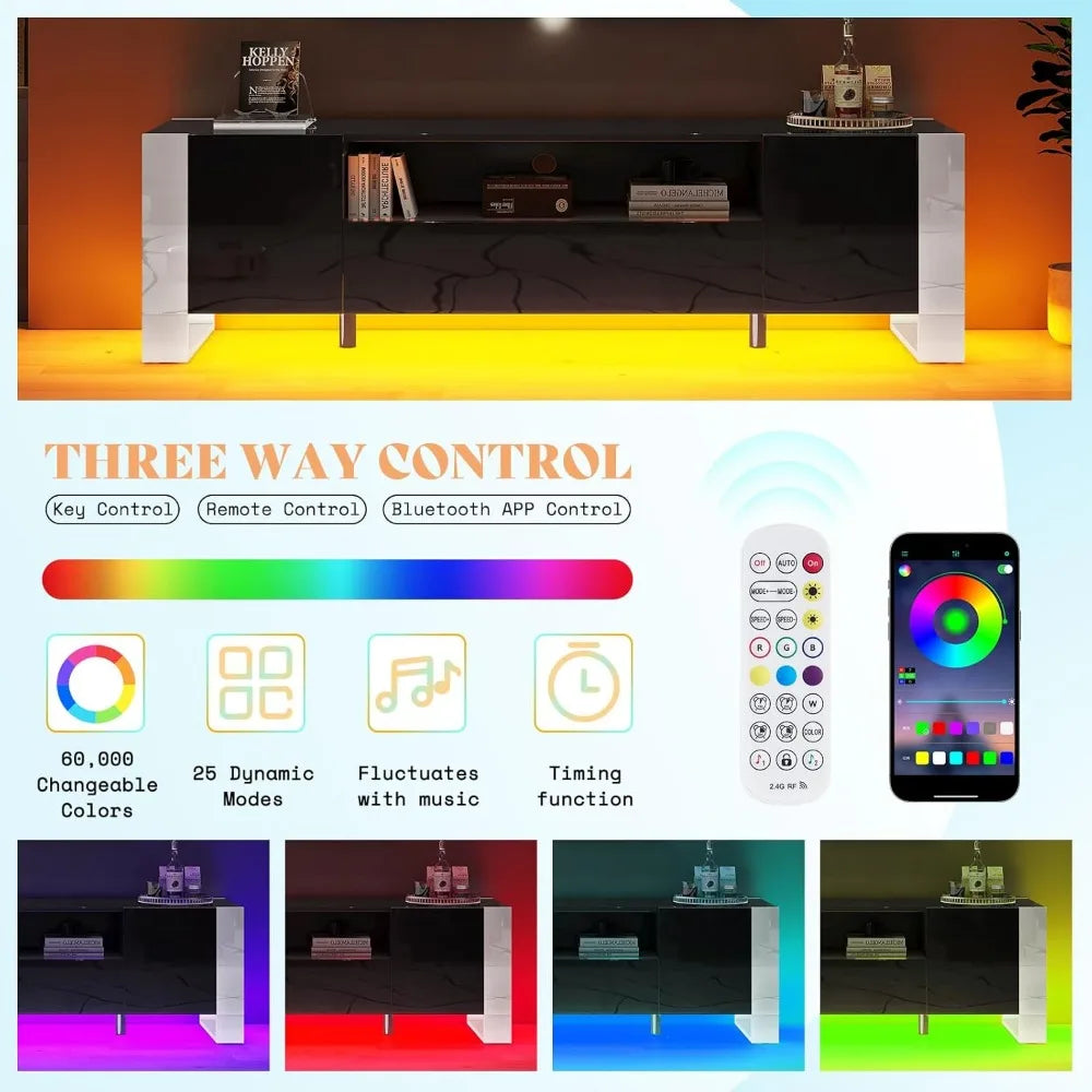 70 inch TV Stands with LED Lights, High Gloss TV Console Modern Entertainment Center with 2 Cabinet Storage Drawer