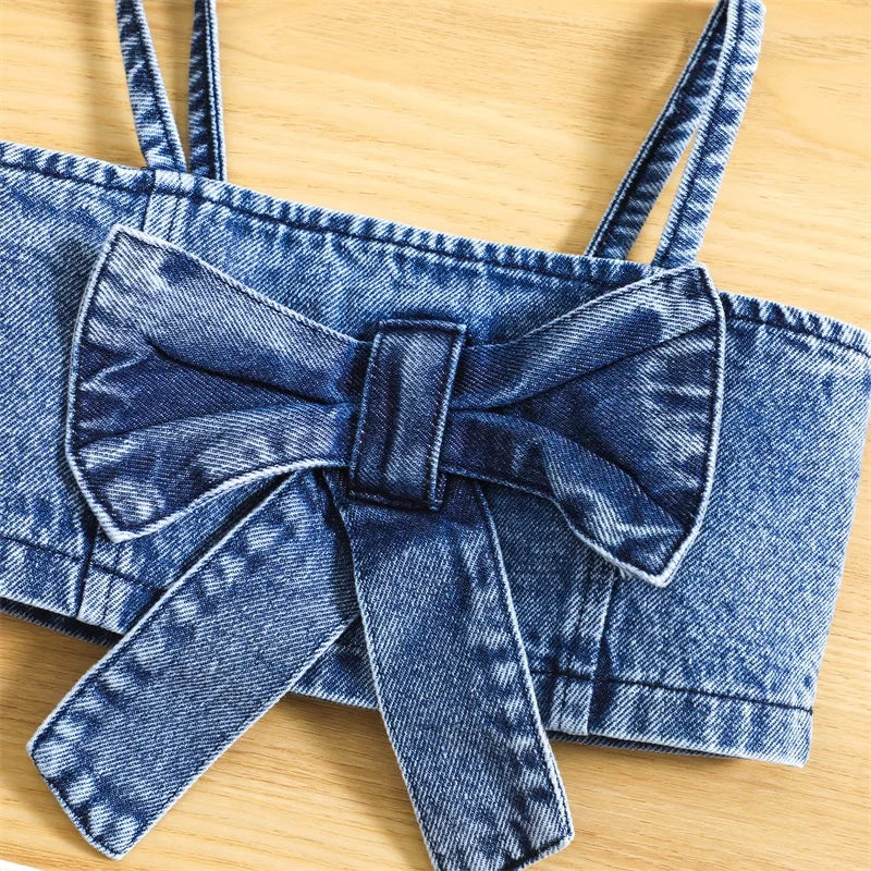 Summer Kids Girls Outfit Solid Color Sleeveless Bow Denim Camisole and Elastic Casual Skirt Shorts Clothes Set