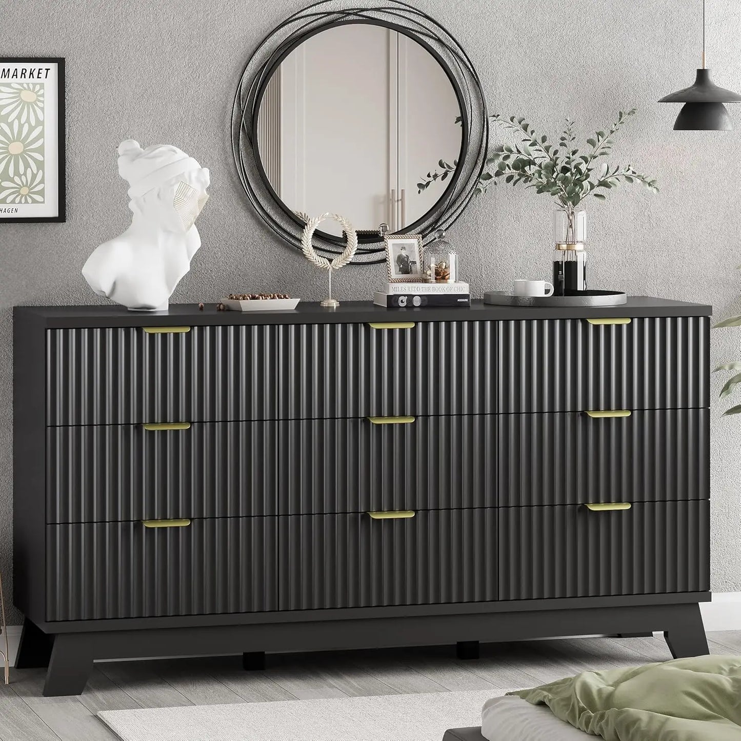 Fluted Dresser for Bedroom with 9 Drawers, 57" Wide Chest of Drawers with Metal Handle, Modern Wood Dresser TV Stand
