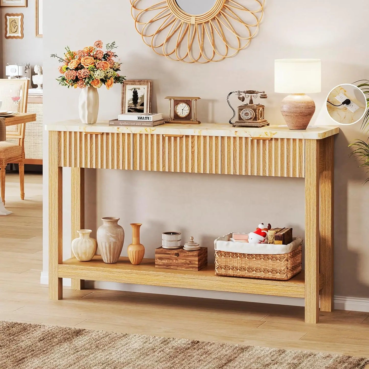 47.2" Console Table with 3 Rattan Drawers, Long Sofa Table with Storage Behind Couch, Farmhouse Entryway Table with, Customized