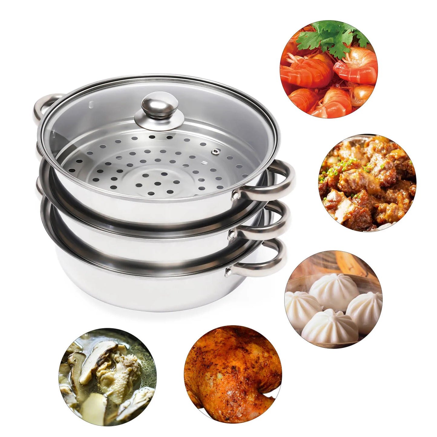 Three - Layer Stainless Steel Steamer Pot: Durable & Stackable for Efficient Cooking