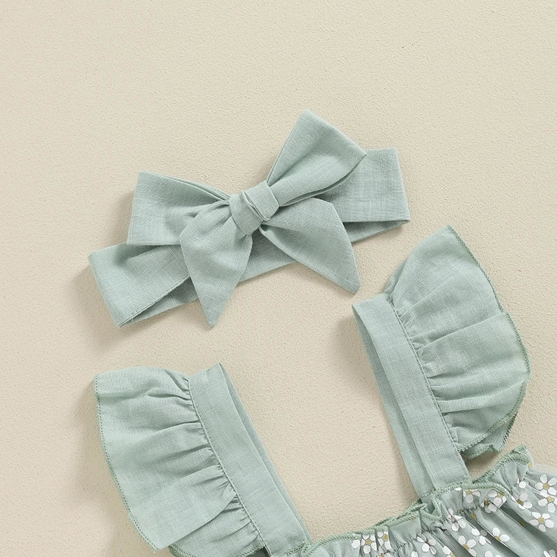Baby Girl Floral Print Mesh Fly Sleeve Top and Shorts Set with Bow Detail and Matching Headband - 3 Piece Summer Outfit