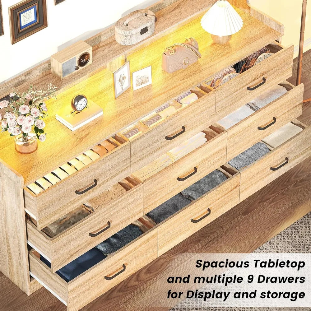 9 Drawer Dresser with Built-in Power Outlet, Mid Century Modern Chest of Drawers for Bedroom,63'' Triple Wide Dresser Storage