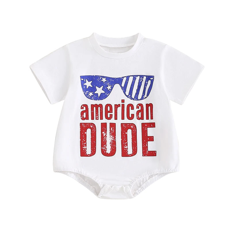 Cute Baby Independence Day Romper with American Flag Print Short Sleeve Round Neck Jumpsuit for Boys and Girls