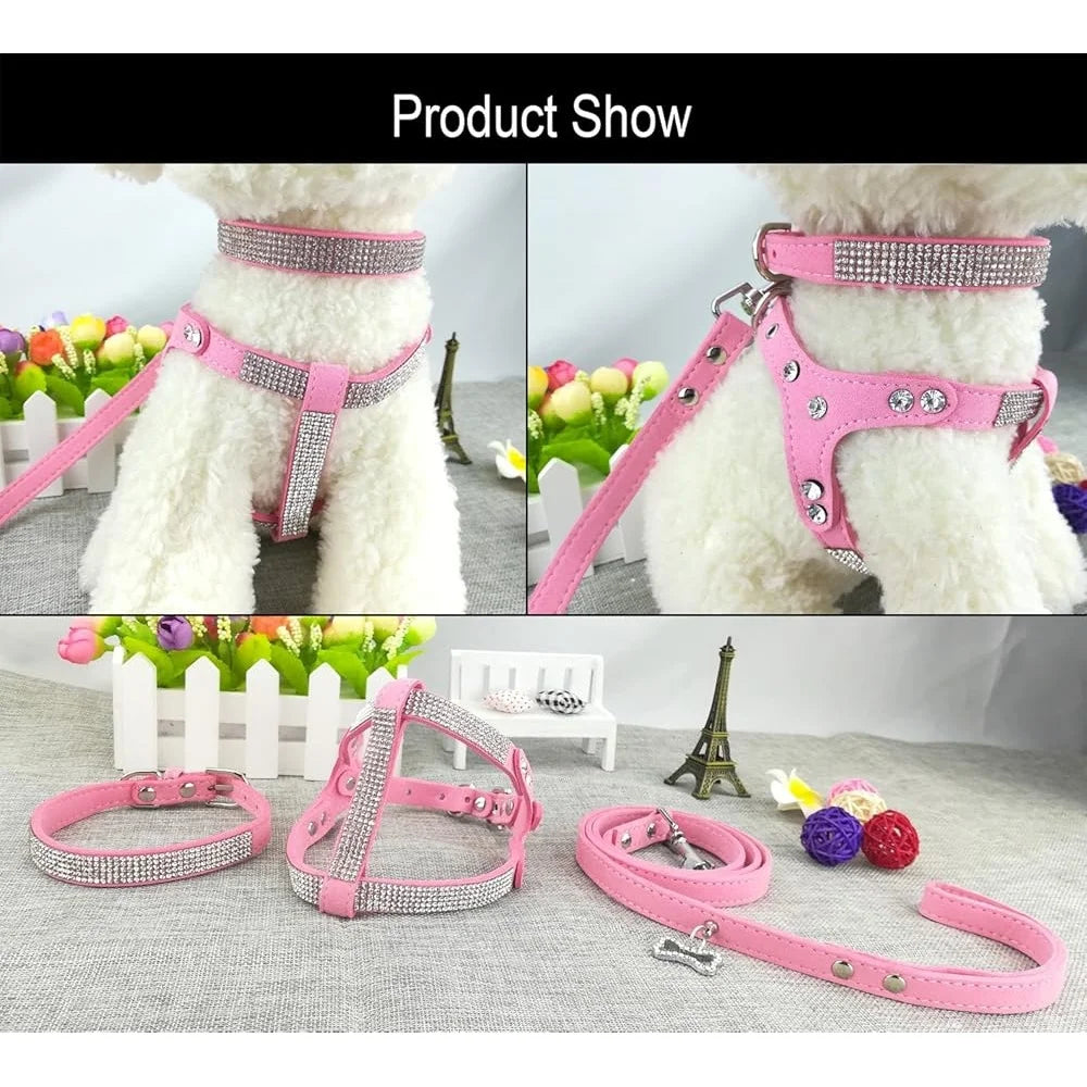 Comfortable Soft Dog Collar and Harness Set with Leash Stylish Diamante Design Small Pets Training Outdoor Activity
