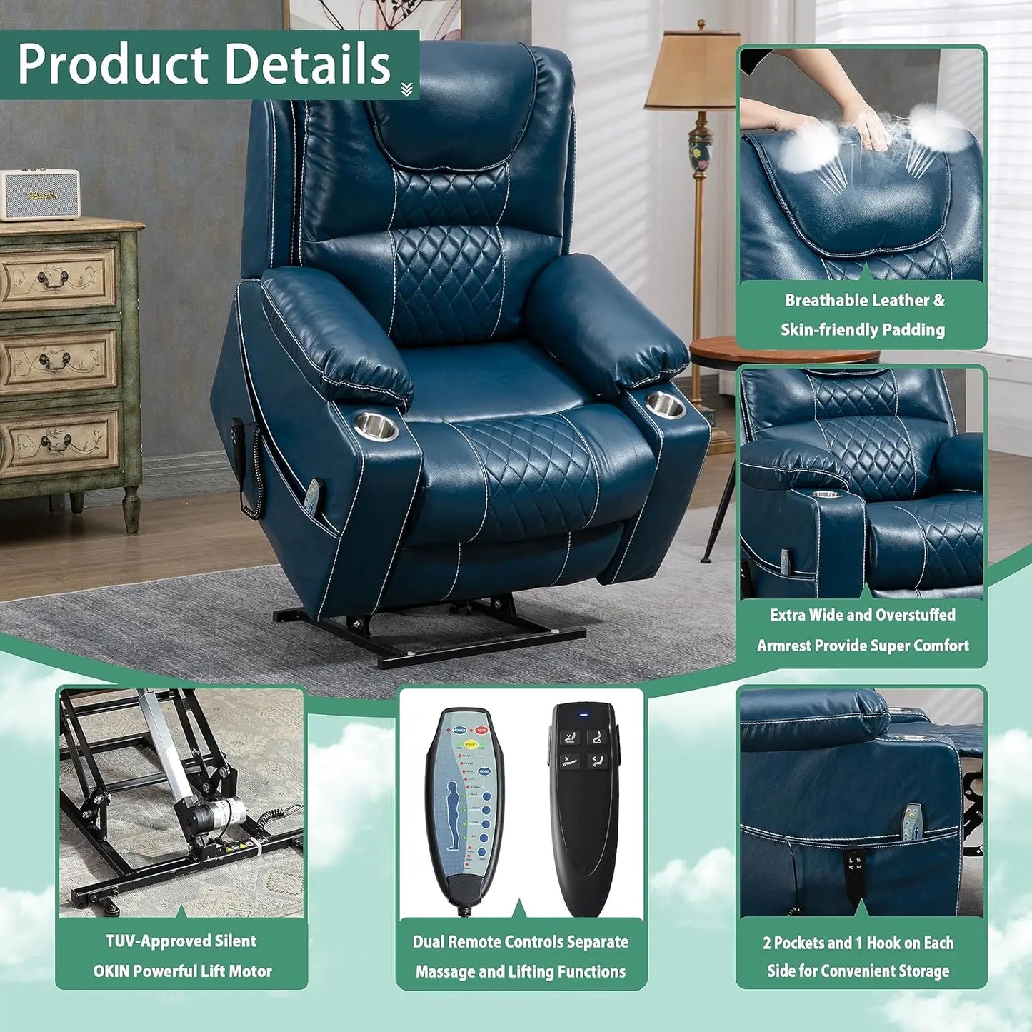Power Lift Chair for Elderly 9968Pro, Lay Flat Recliner with Massage, Dual OKIN Motors, Remote Control, Breathable Leather,