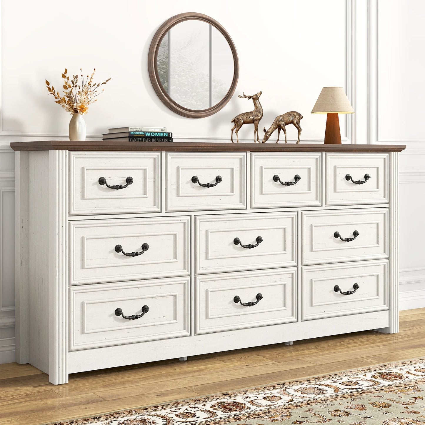 Farmhouse 10 Drawer Dresser for Bedroom, 63” Wood Chest of Drawers with Rustic Handles, Wide Closet Dressers Organizer