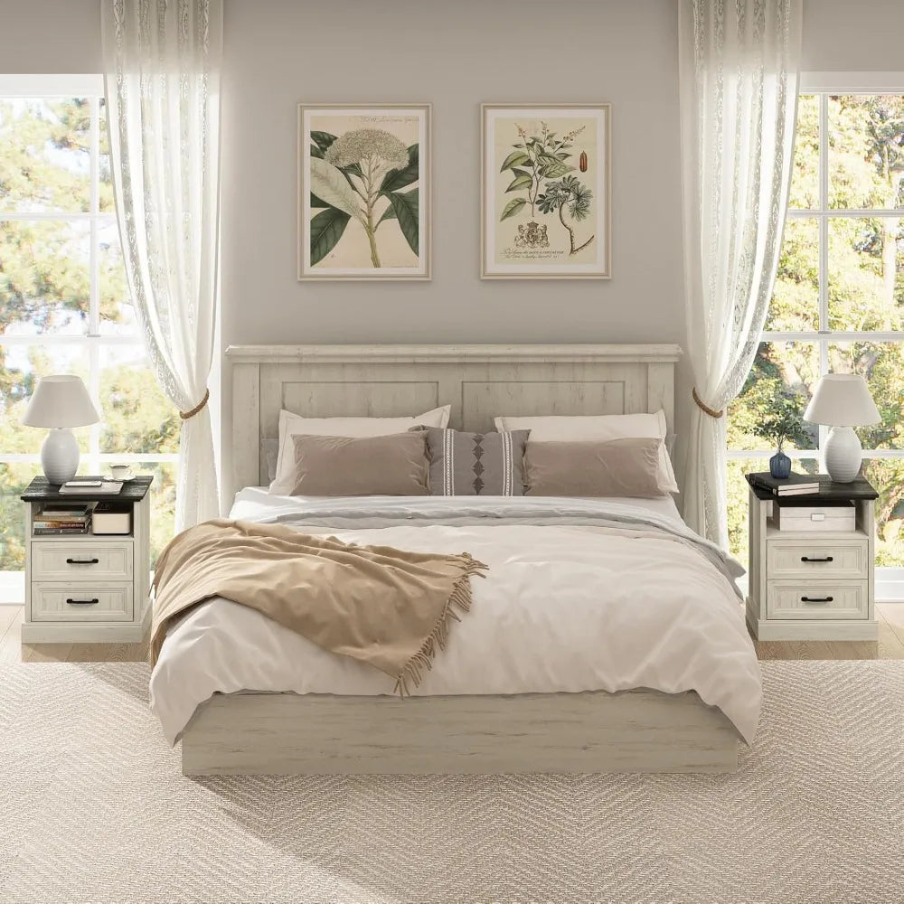 Farmhouse Dresser and Nightstand Sets for Bedroom, 3 Pcs Bedroom Set, 6 Drawer Dresser & Nightstand Set of 2, Modern Wood Chest
