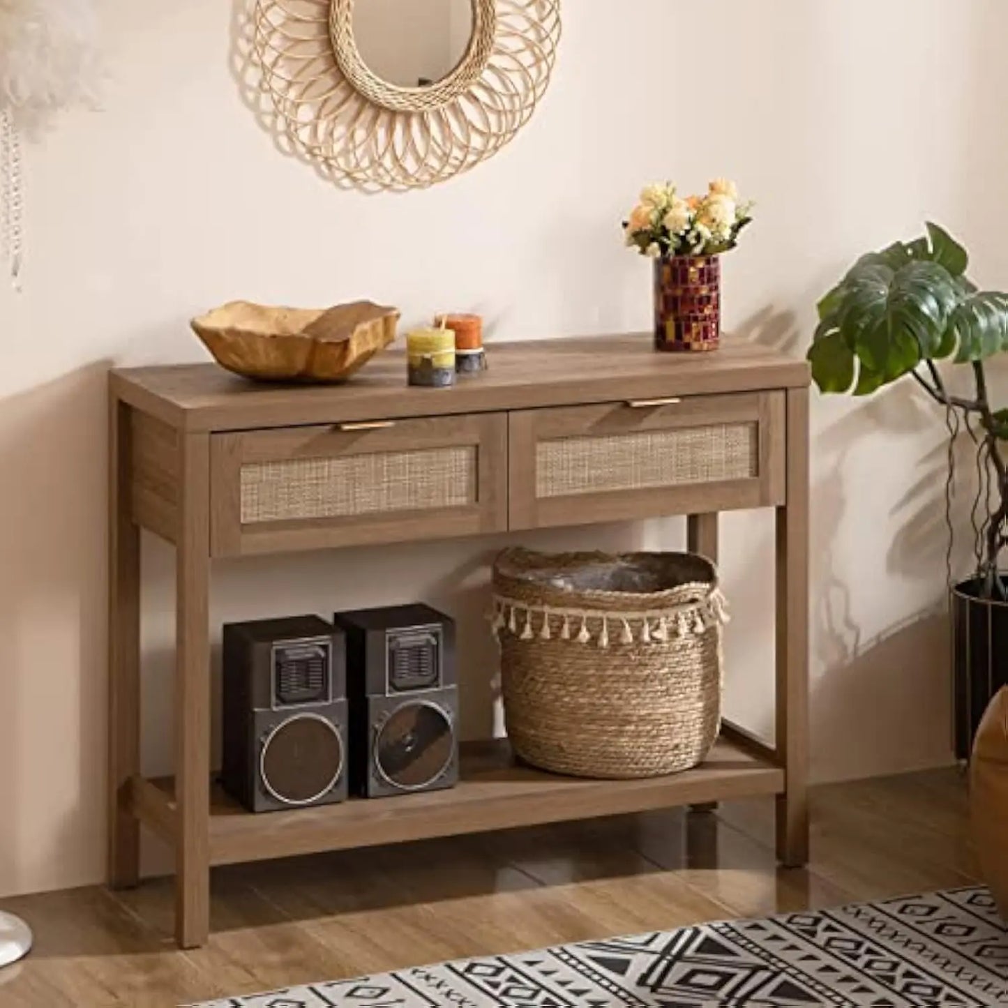 Console Table with Rattan Drawers Boho Rattan Entryway Table with Storage Small Console Tables Entryway Entry Table for Hallway