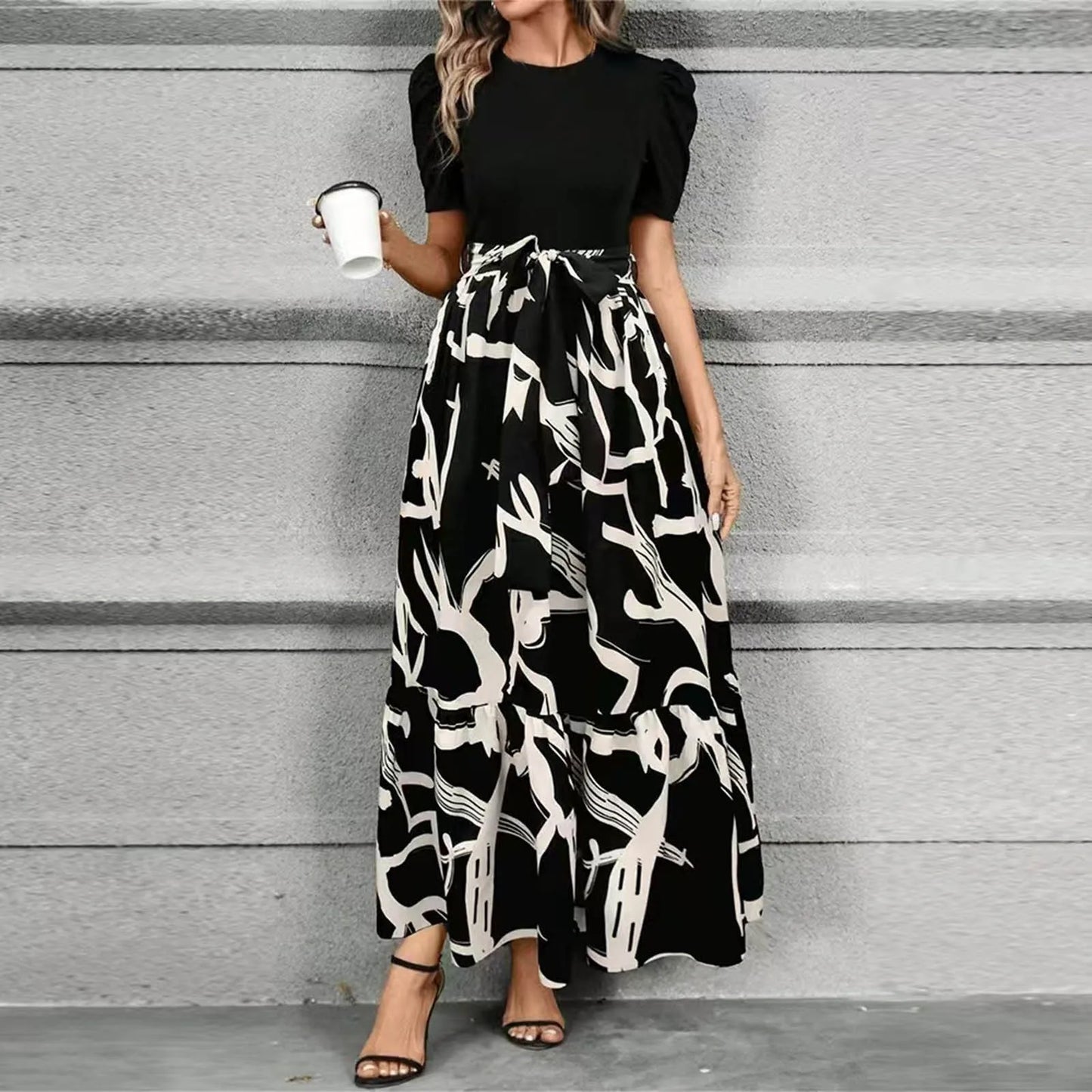 Round Neck Color Blocked Dress Women's Short Sleeved Floral Print A Line Dresses Autumn Elegant Party Dress Robe