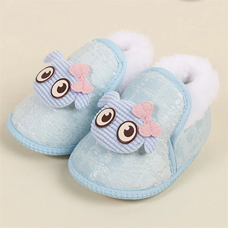 Adorable Baby Girls Plush Shoes with Cute Cartoon Design Big Eyes Warm Fleece Lining Non-Slip Sole for First Steps