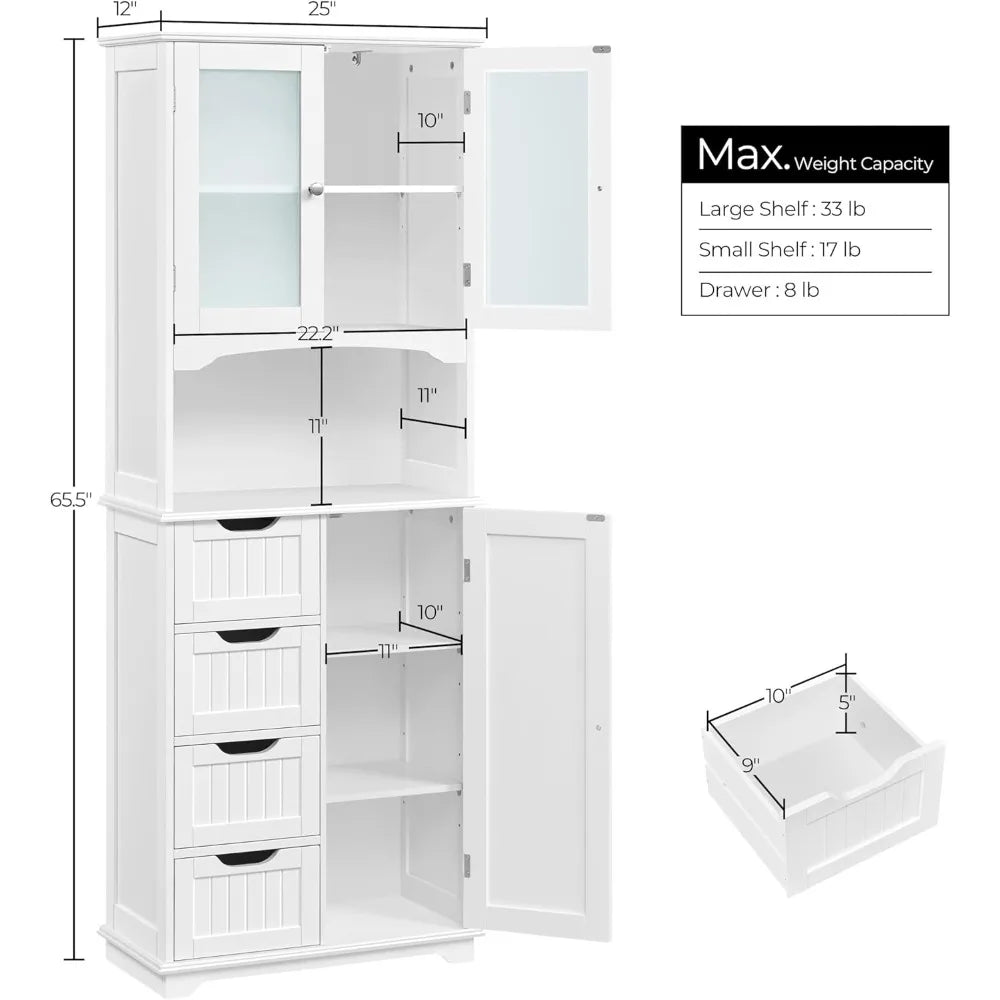 Bathroom Tall Cabinet, Storage Cabinet with 2 Glass Doors, Freestanding Bathroom Cabinet with Open Compartment