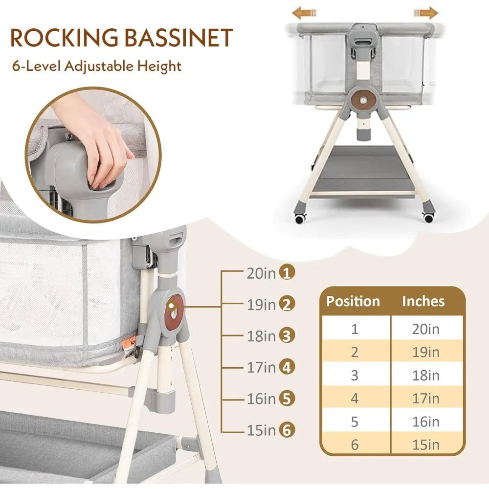 Baby Bassinet,Rocking Bassinet with Waterproof Sheet,3 in 1 Baby Bassinets Bedside Sleeper,6 Height Adjustable Bedside Bassinet