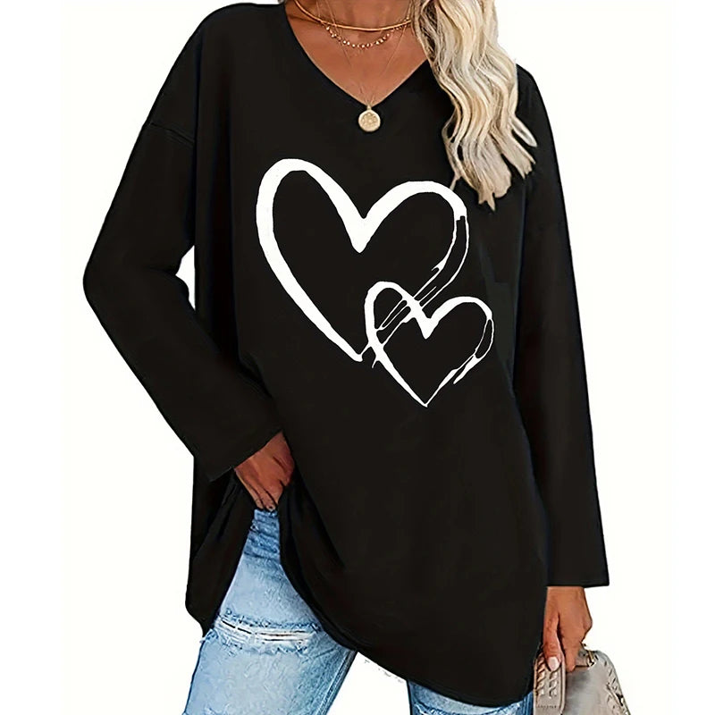 Plus Size Women' s Clothing Black Printed Heart Top Casual V Neck Long Sleeve Top