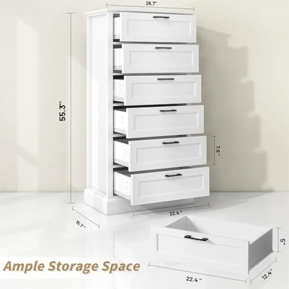 Tall White 6 Drawer Dresser, Wood Vertical Chest of Drawers for Bedroom, 55" H Modern Lingerie Dressers for Closet, Living Room,