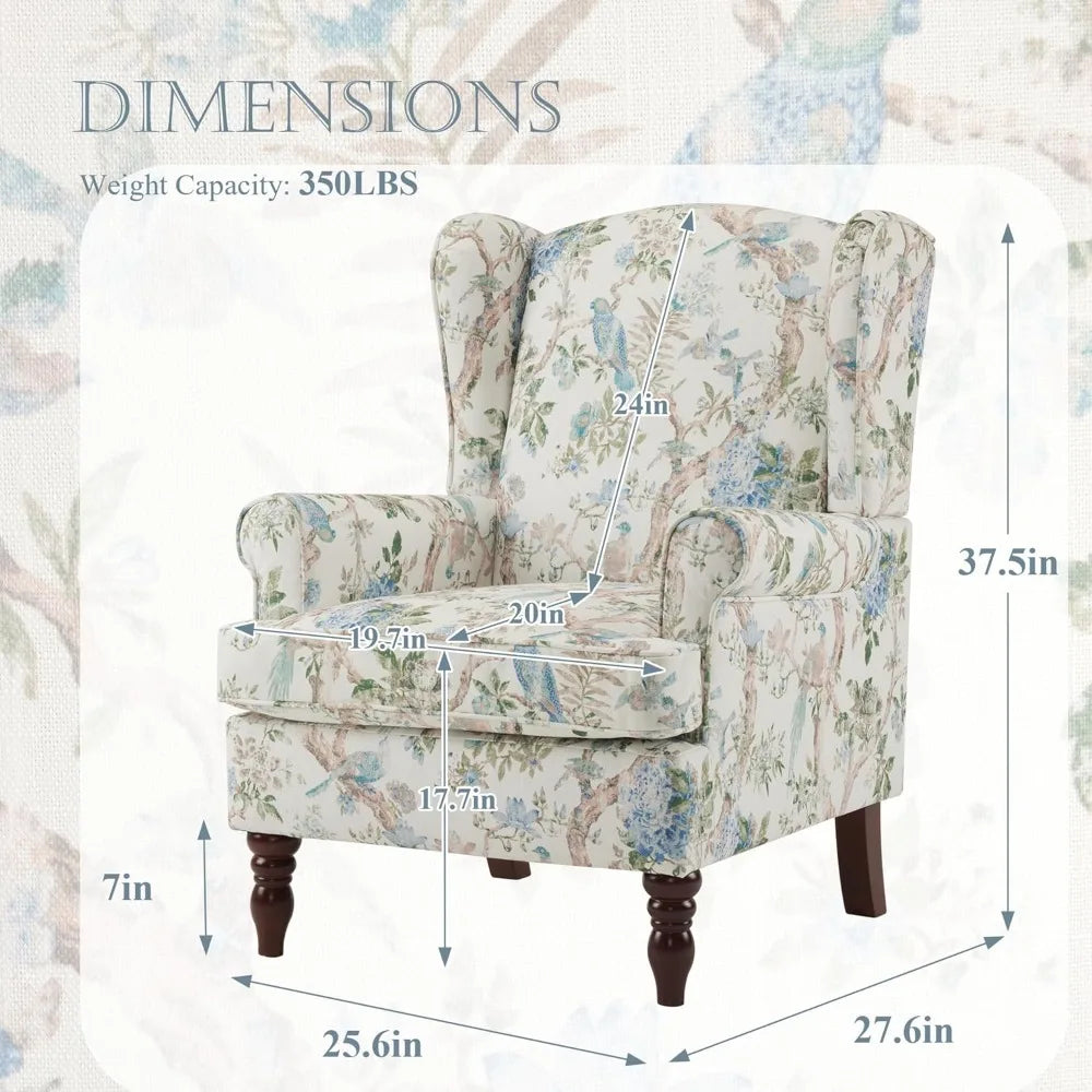 Floral Accent Chair, High Back Upholstered Armchair with Solid Legs, Leisure Single Sofa Chair for Living Room, Bedroom, Home O