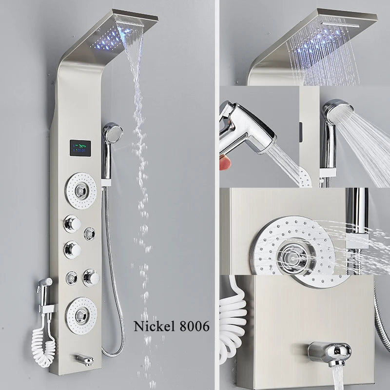 ALENARTWATER Bathroom Shower Panel LED Waterfall Shower Water Top Spray Temperature Display Faucet Back Massage with Water Tap