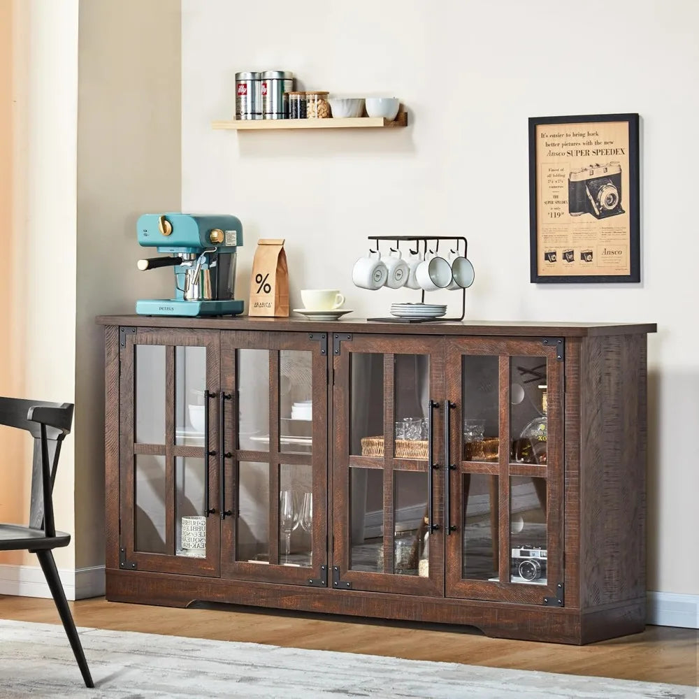 Farmhouse 63" Buffet Sideboard Cabinet with Glass Door, Large Storage Cabinet with Adjustable Shelf, Wooden Coffee Bar Station