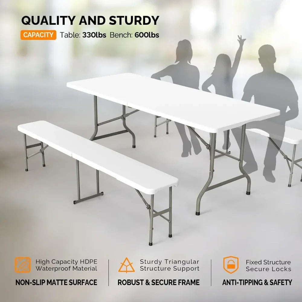 3-Piece Picnic Table Set with 2 Benches 6 Feet Folding Camping Furniture Smooth Indoor Outdoor Use