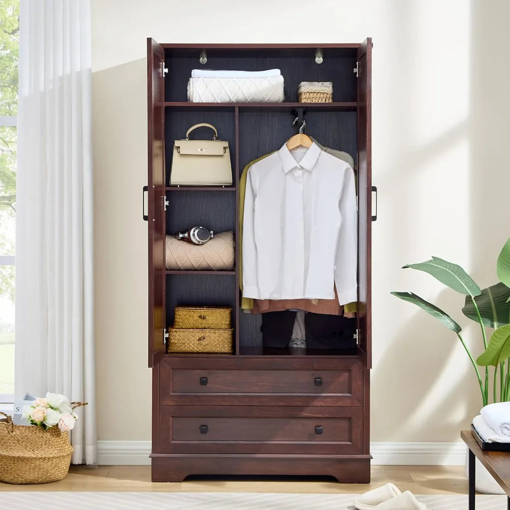 Wardrobe with 2 Drawer, 71 Inches Tall Armoire Wood Wardrobe with Multiple Storage for Bedroom, Living Room, Hallway