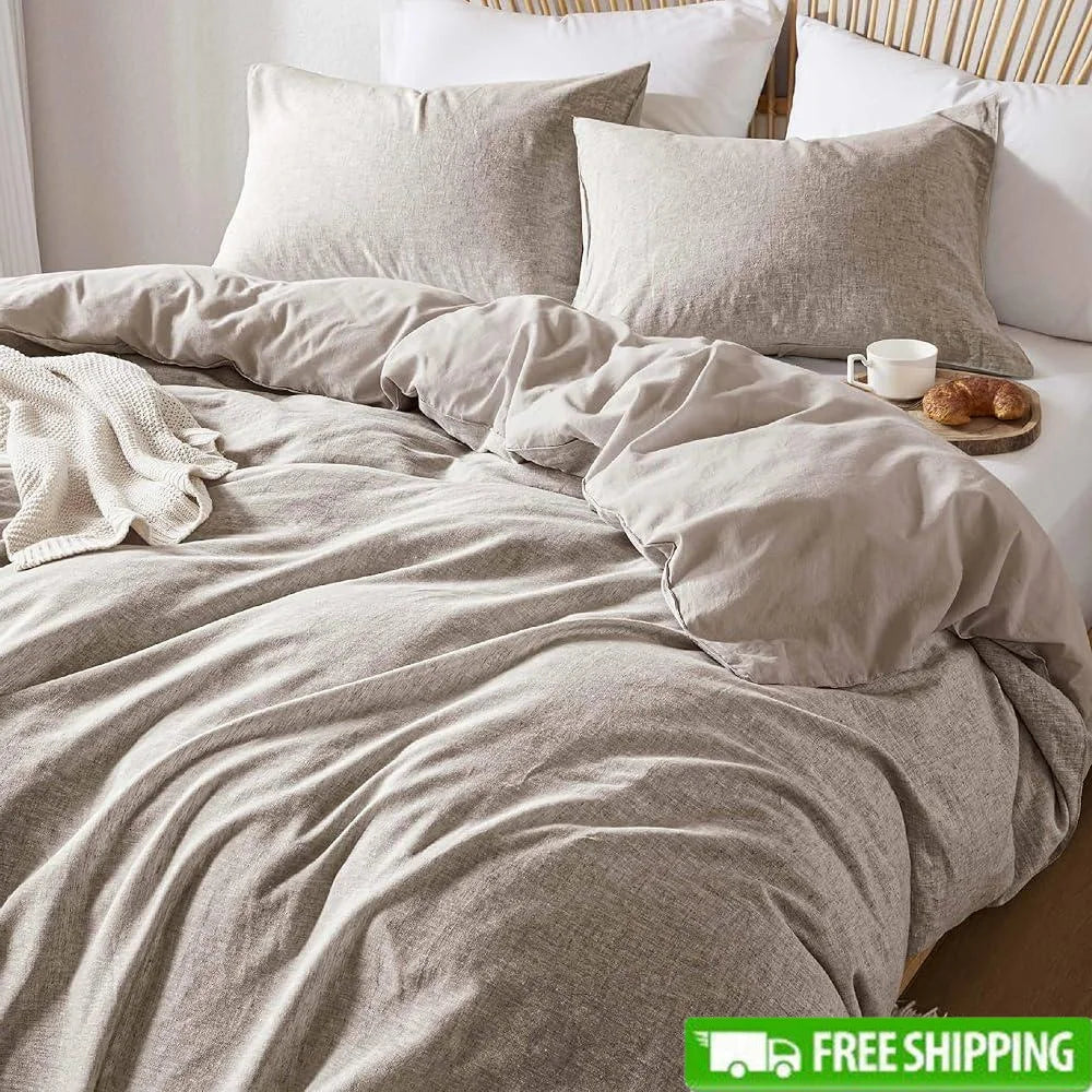 Linen Cotton Blend Duvet Cover Set Organic Natural Soft Bedding Queen Size 3Pcs Textured Minimalist Design Eco-Friendly Home