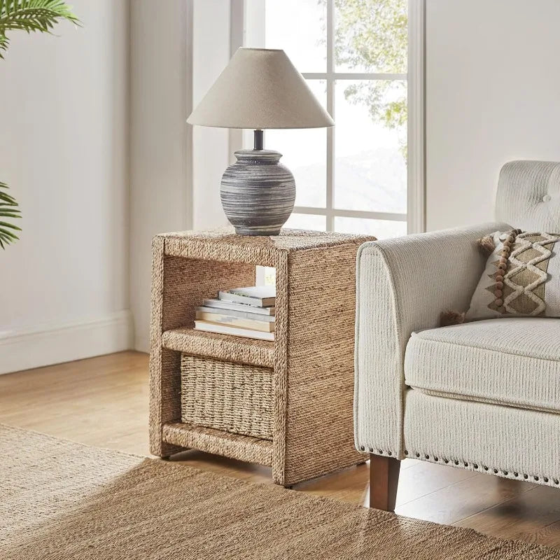 Rattan Nightstand with Two Open Shelves, Seagrass Side Table Coastal Style, Set of 2 (Natural)