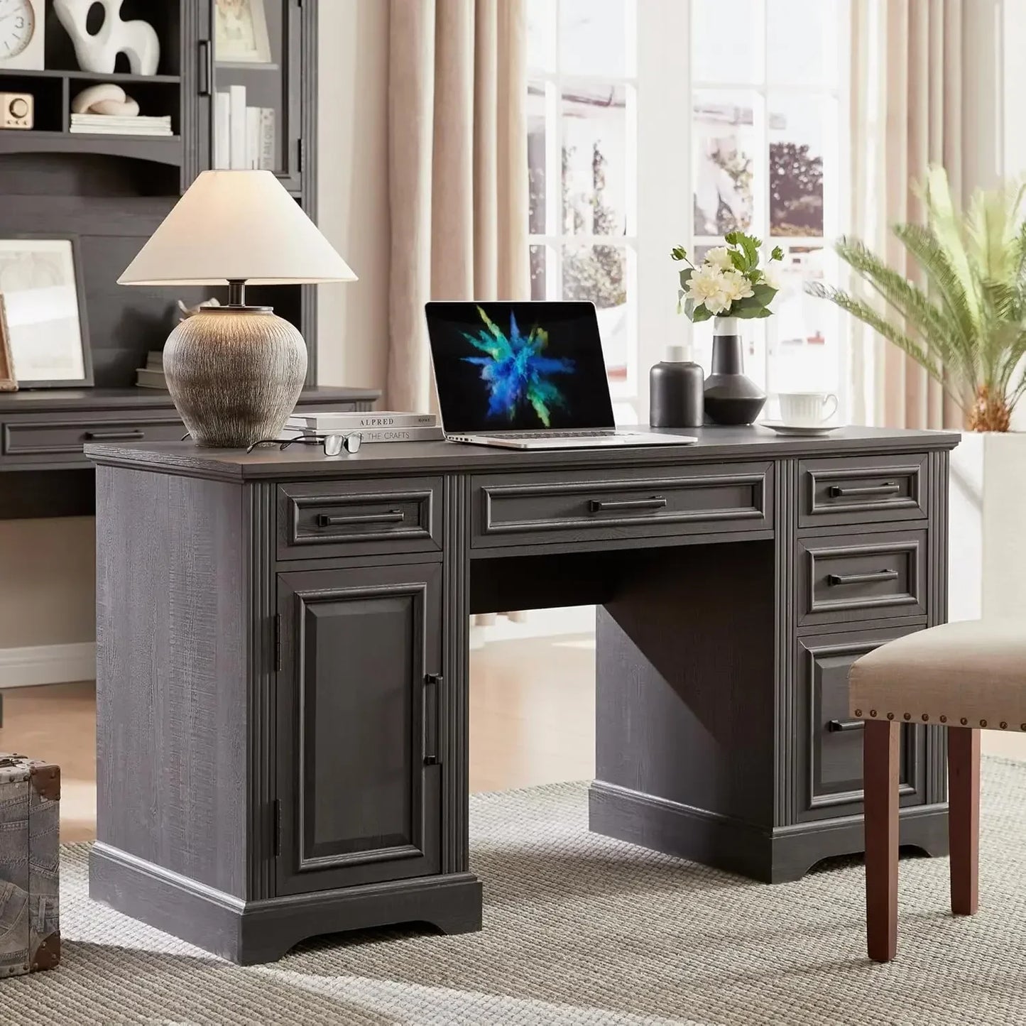 58 Inch Large Computer Desk with Drawers, Embossed Texture Home Office Desk, Workspace for Work Study Writing, Black