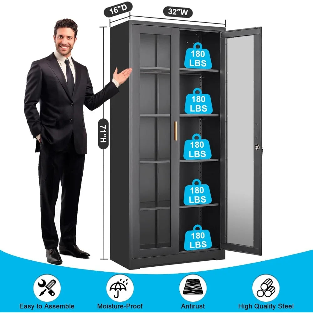 71" Glass Display Cabinet with Lock,Curio Cabinet with Glass Doors, Metal Display Case with 4 Adjustable Shelves