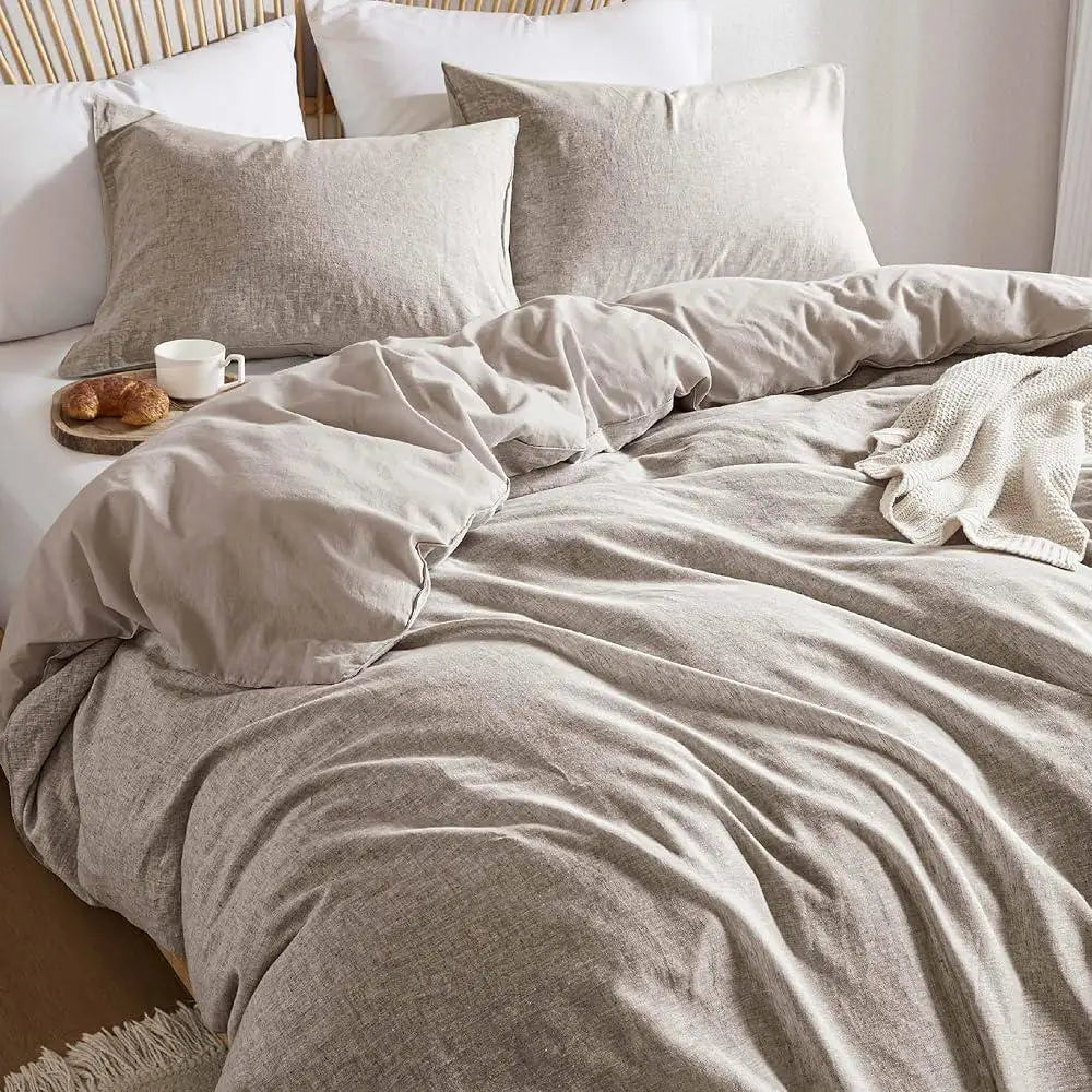 Linen Cotton Blend Duvet Cover Set Organic Natural Soft Bedding Queen Size 3Pcs Textured Minimalist Design Eco-Friendly Home