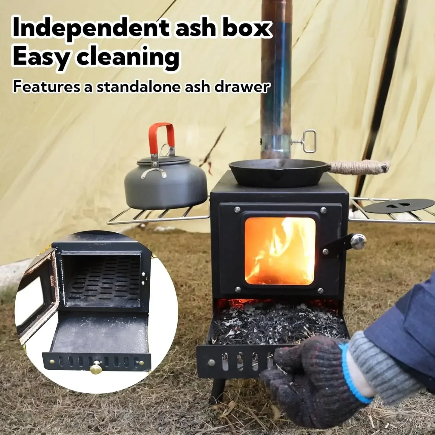 Portable Folding Wood Burning Camping Stove - Includes Chimney Pipes and Spark Arrestor for Tent Heating and Cooking