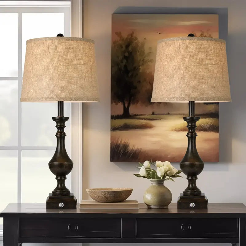 2 Set Coastal Candlestick Table Lamps For Living Room With 2 LED Bulbs, Touch Control 3 Way Dimmable Bedside Lamp