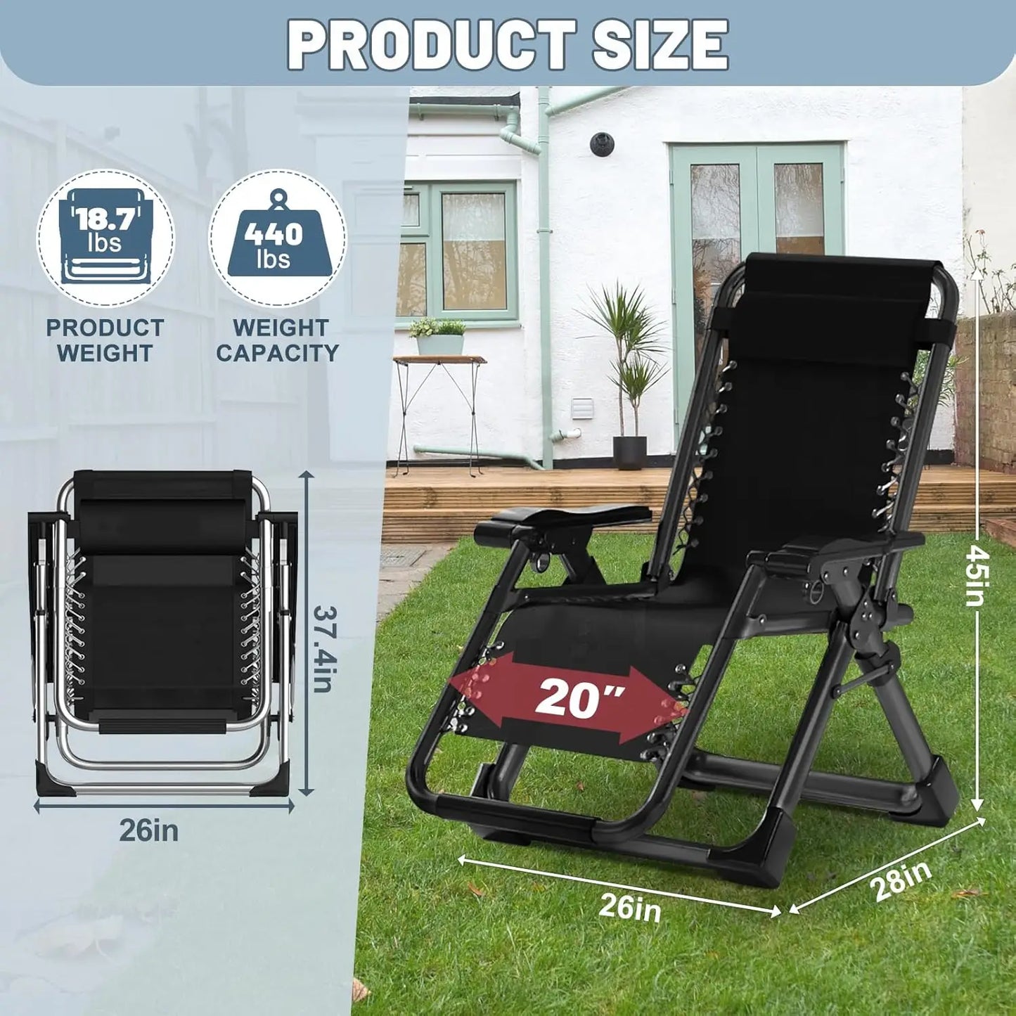 Zero Gravity Chair, Reclining Lounge Chair with Removable Cushion & Tray for Indoor and Outdoor, Patio Recliner Folding Reclinin