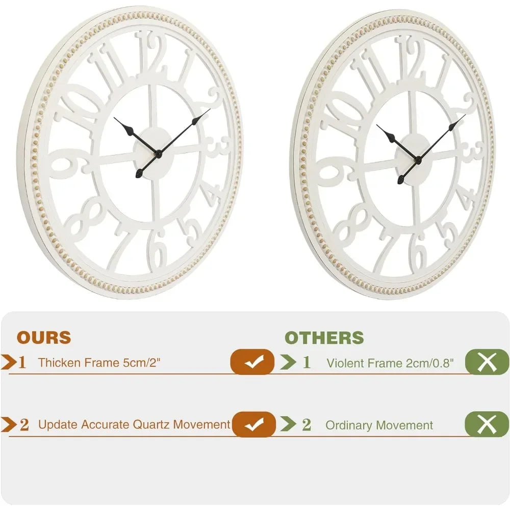 Farmhouse Wall Clock 30 Inch, Large Wall Clock with Boho Beads, Wooden Silent Wall Clocks Battery Operated Easy Read,