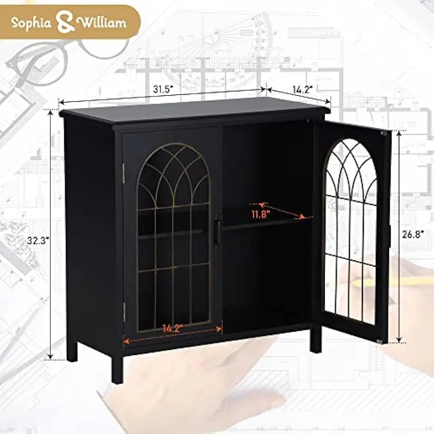 Sideboard Buffet Cabinet Accent Storage Cabinet with Metal Church Window Door for Kitchen Dining Room Entryway, Dark Grey