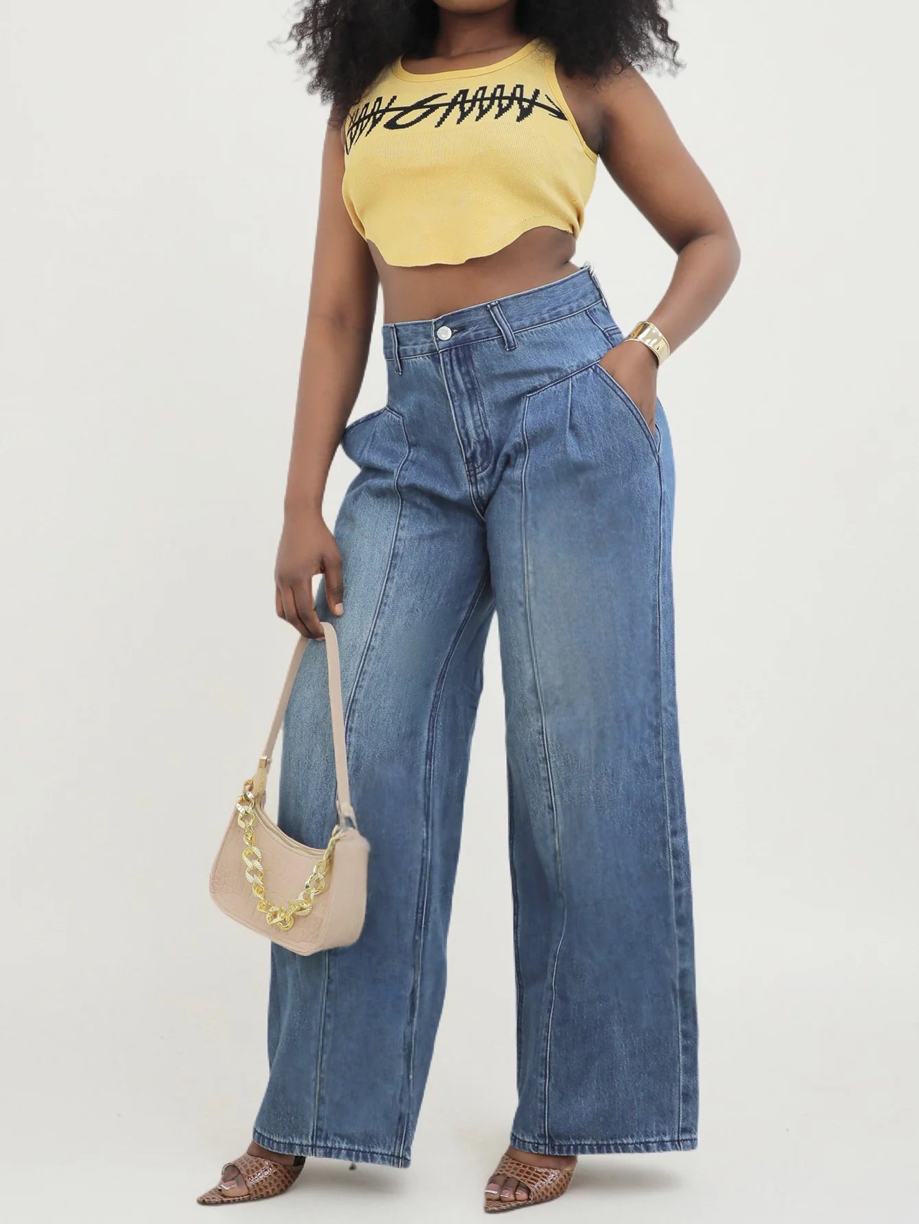 Women's High - Waisted Wide - Leg Denim Jeans | Light Blue Wash & Pleated Front